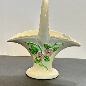 Vintage Hull Pottery Rosella Basket R-12-7 Pink Flowers Ivory Handled Vase